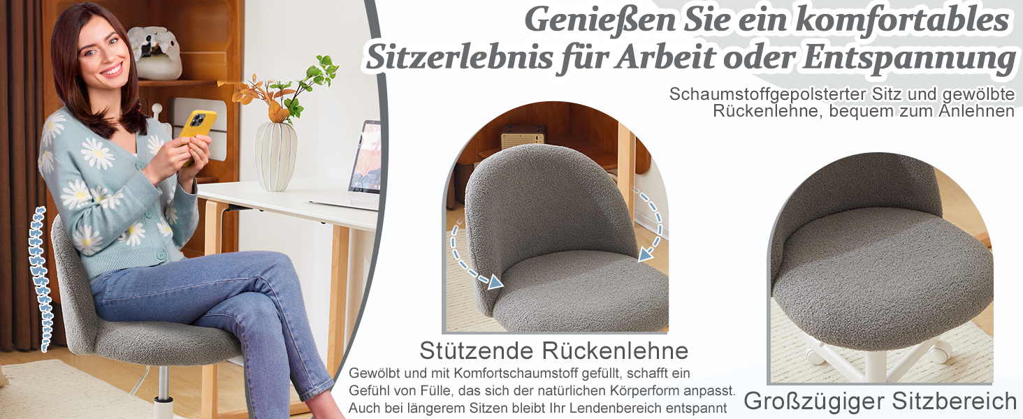 Офісний стілець Bonnlo з роликами, стілець до туалетного столика, регульований по висоті, для робочого кабінету, спальні, home office, з м'якої тканини Teddy, білий (сірий)