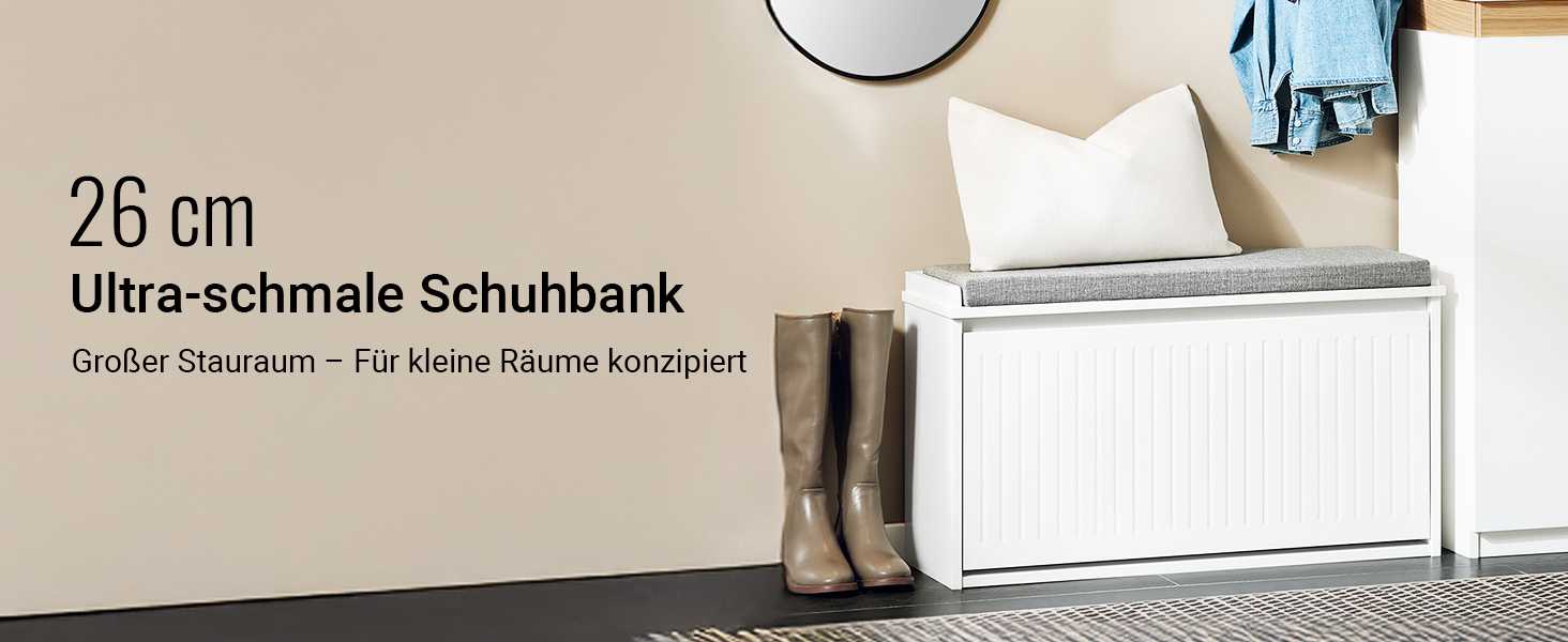 SoBuy Взуттєва шафа з 2 відкидними кришками, вузька, з 4 полицями, білий колір, розмір 61x100x26 см, FSR165-W, з довгою лавкою, чорний колір