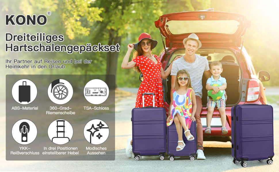 Набір валіз KONO 3 в 1: велика, середня, маленька. Тверді валізи з ABS, ручні, з TSA замком (фіолетовий)