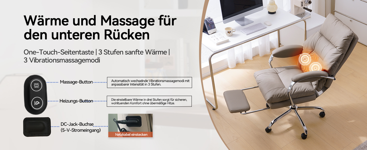 Офісний крісло EMIAH з підставкою для ніг, ергономічний крісло для офісу та дому, комп'ютерне крісло з PU шкіри, з підлокітниками та роликами (Хакі)