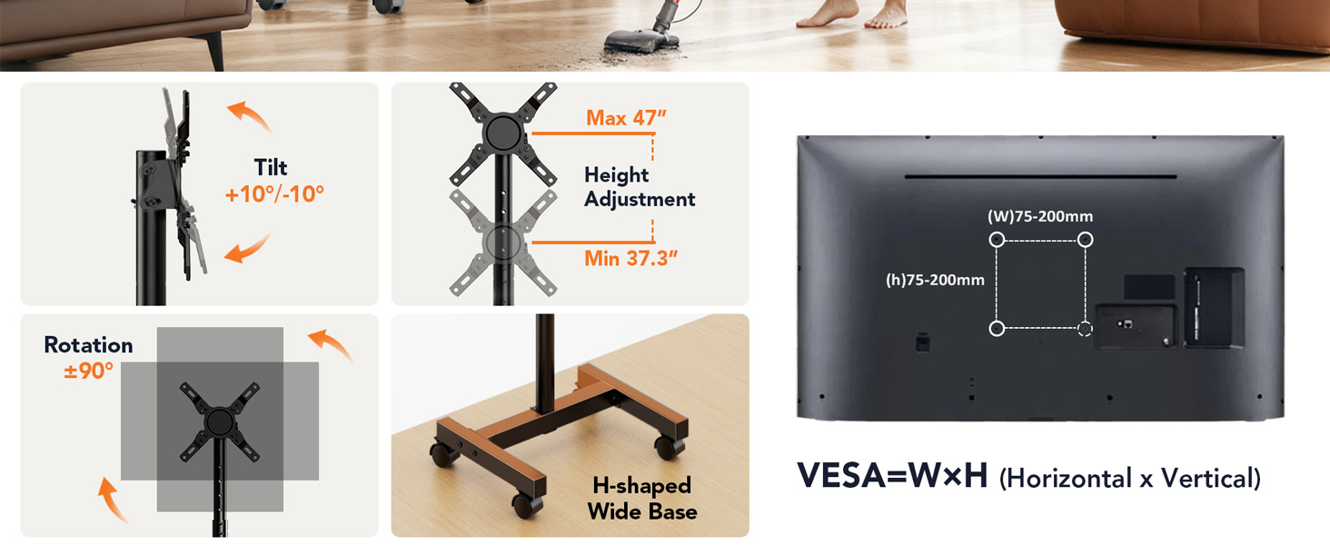 Підставка для телевізора Hemudu на колесах 23-60 дюймів, VESA 400x400, до 35 кг, регульована висота