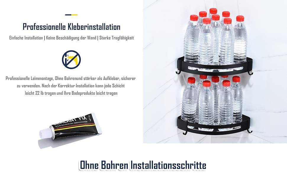 Душова полиця чорна, настінна металева полиця для ванної без свердління, кутова полиця з гачками, антикорозійна, 2 шт., матова