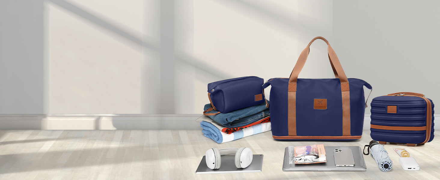 Набір валіз Joyway 6 шт. з твердим корпусом, включаючи косметичну сумку, 4 колеса та TSA-замок. Колір: темно-синій/коричневий. Ідеальний для подорожей.