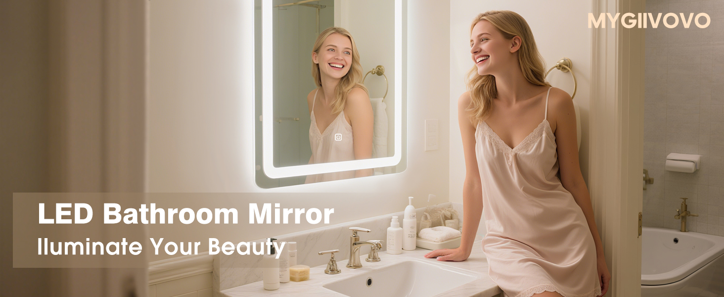 Дзеркало для ванної кімнати MYGIIVOVO з підсвічуванням LED, сенсорне керування, 3 кольори, 60x45 см