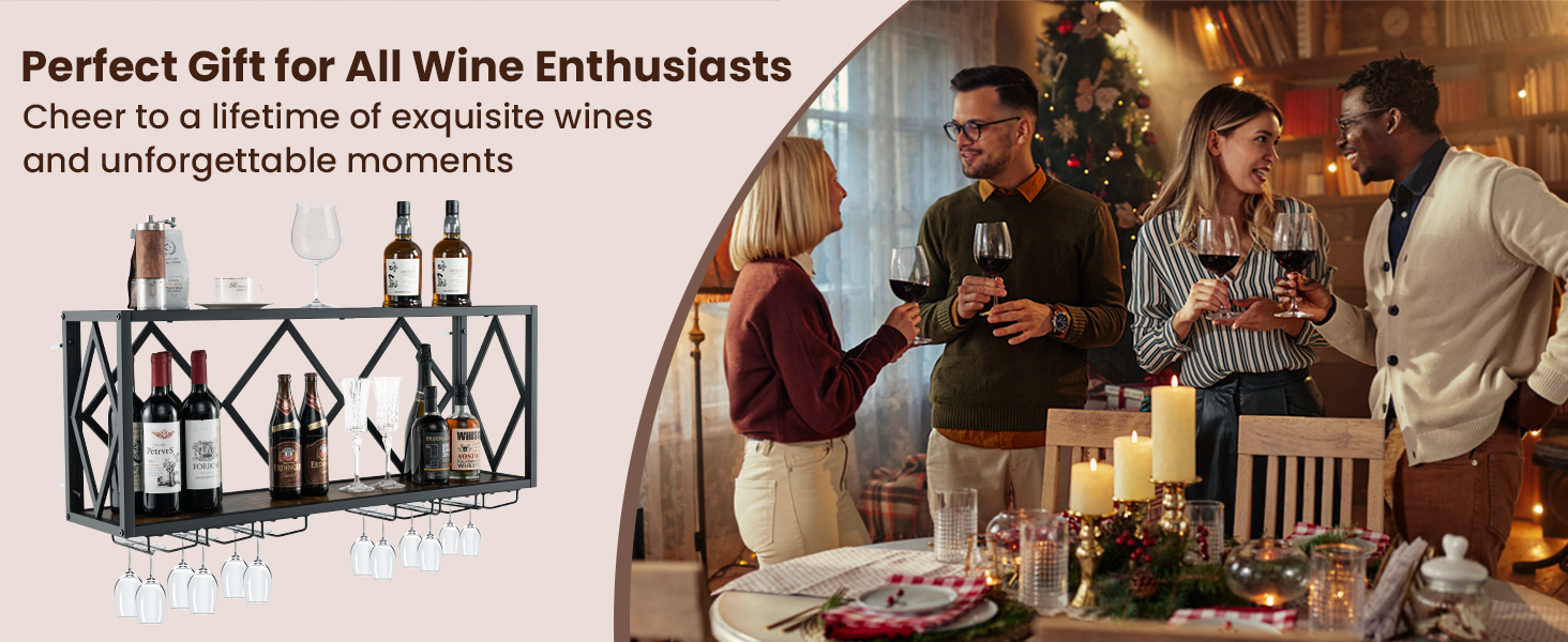 Стильна полиця для вина Komfotteu на стіну, дерев'яна з металевим каркасом, з тримачем для келихів, 60 x 20 x 55 см