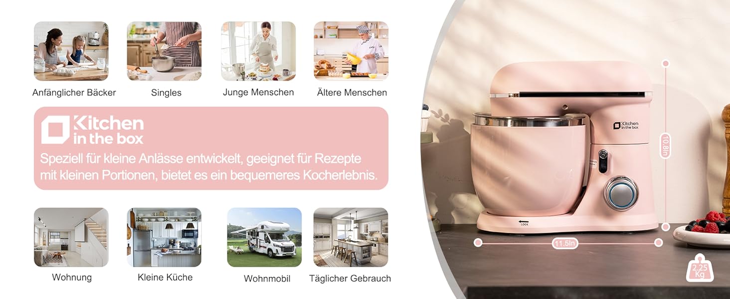 Кухонна машина Kitchen in the Box (Рожева) з двома чашами 3.5L, 10 швидкостей, з міксером та гаком для тіста