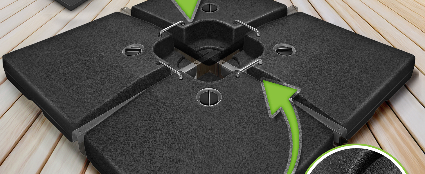 Підставка для парасольки Tillvex® 90 літрів / 120 кг – 4 частини для парасольки-намету з металевим з'єднувачем | Заповнюється водою або піском | Чорна, стійка до погодних умов