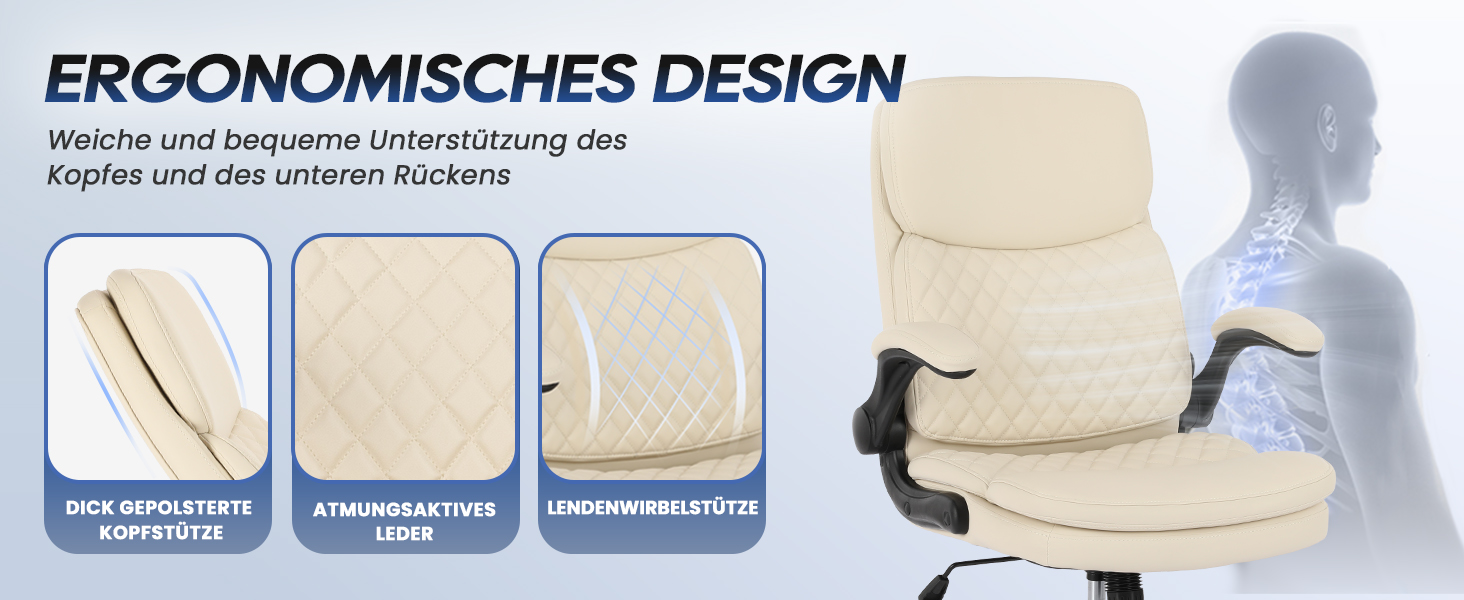 Офісний крісло Colamy: ергономічний, з високою спинкою, регульовані підлокітники, шкіряне покриття (слонова кістка)