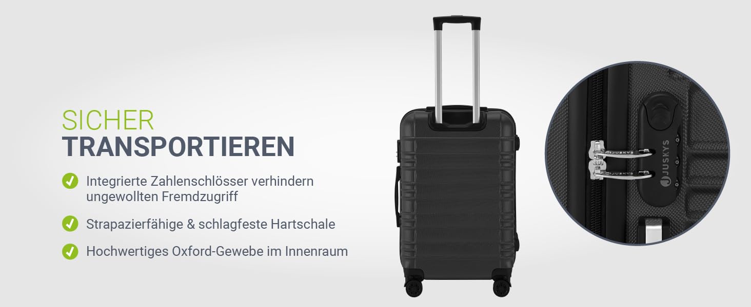 Набір валіз Juskys Hartschale 3 шт. з кодовим замком, тихі колеса 360°, телескопічна ручка, легкі - чорний колір