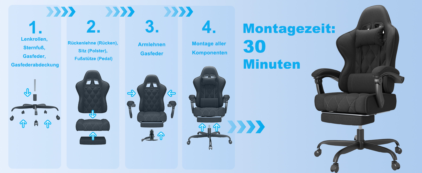 Ігровий крісло JUMMICO з тканини та підлокітниками з піною, ергономічний офісний крісло з масажером. Крісло має підголівник, підставку для ніг, регулювання висоти. Максимальне навантаження: 150 кг, чорний колір