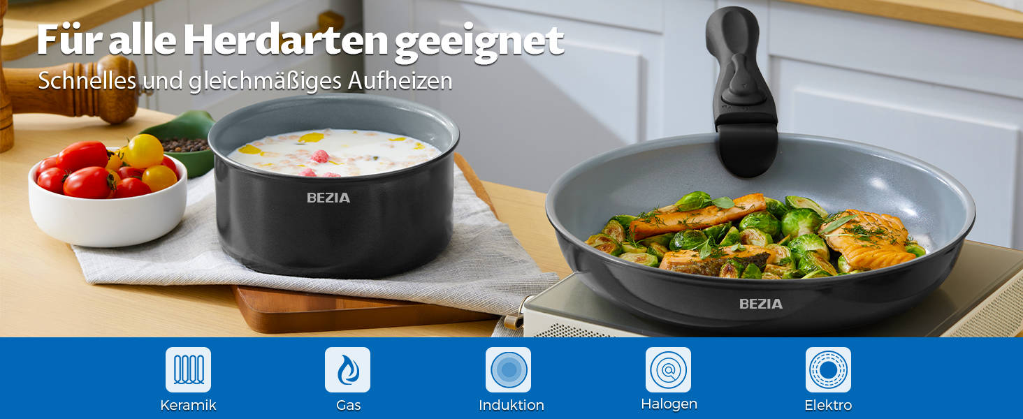 Набір антипригарних сковорідок BEZIA з суцільними ручками, для всіх плит, стакельне виконання, придатні для миття в посудомийній машині та духовці, без PFAS (сірий)