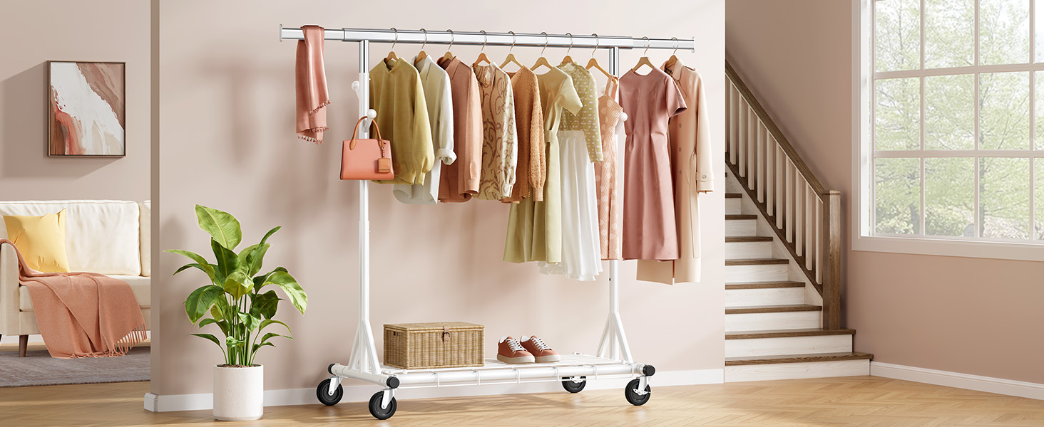 Стійка для одягу на колесах FAVOOOSTY, металева, мобільна, до 200 кг, швидка установка, білий колір, 1 перекладина