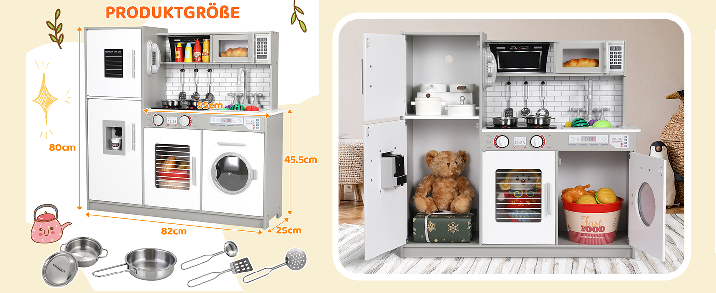 Дерев'яна дитяча кухня MAMIZO з підсвіткою та звуком, 82x80x25 см. Комплектація: аксесуари. Підходить для дітей від 3 років. Білий (сіро-білий) колір.