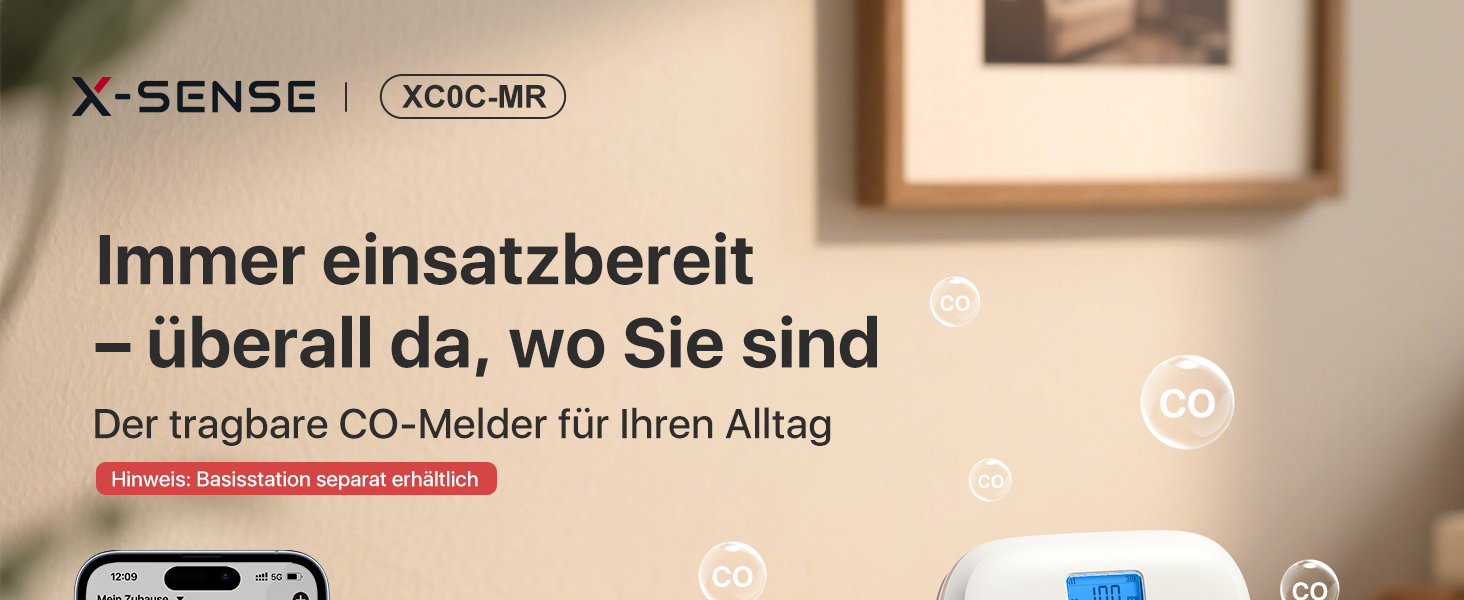 X-Sense Детектор чадного газу з цифровим дисплеєм, сертифікат TÜV Rheinland, з базовою станцією SBS50, керування через додаток, XC0C-MR11, 1 шт. Білий