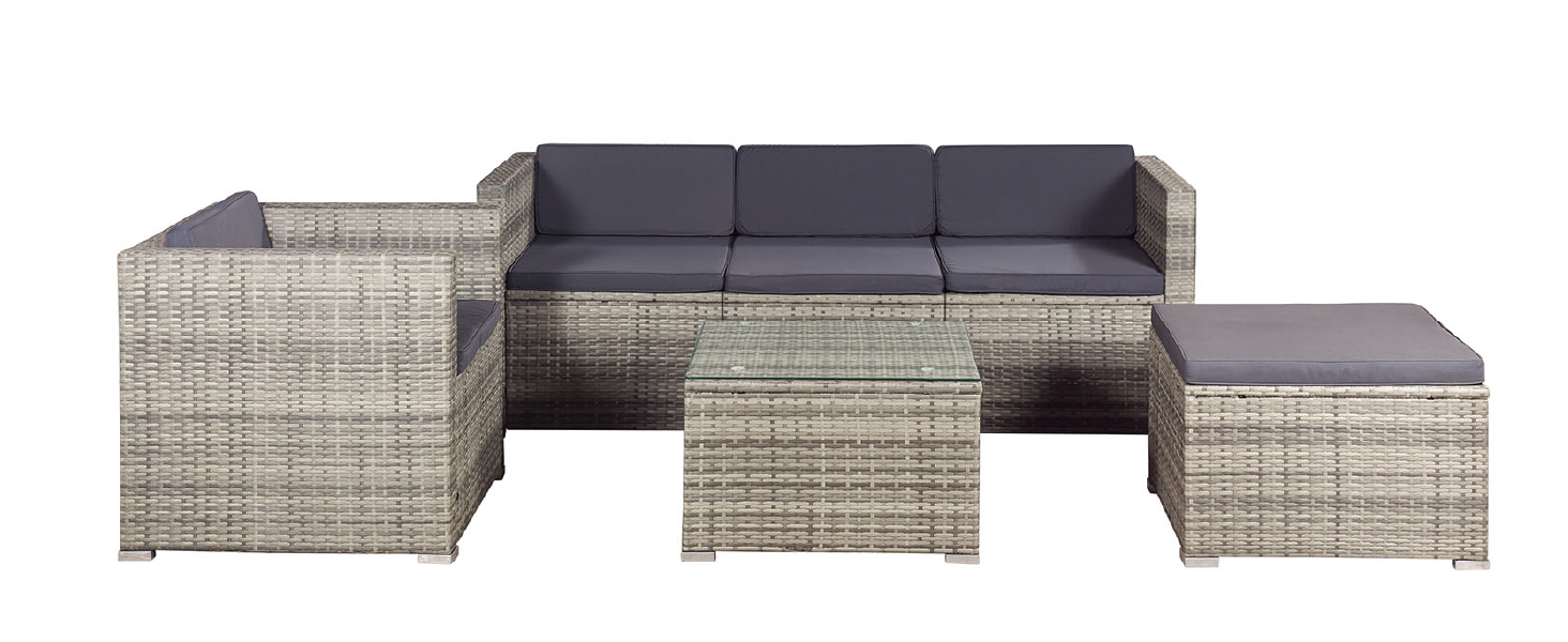 Садовий набір меблів Juskys Polyrattan Punta Cana для 4-5 осіб: диван, крісло, пуф, стіл, подушки - Чорно-сірий (меланж / темно-сірий)