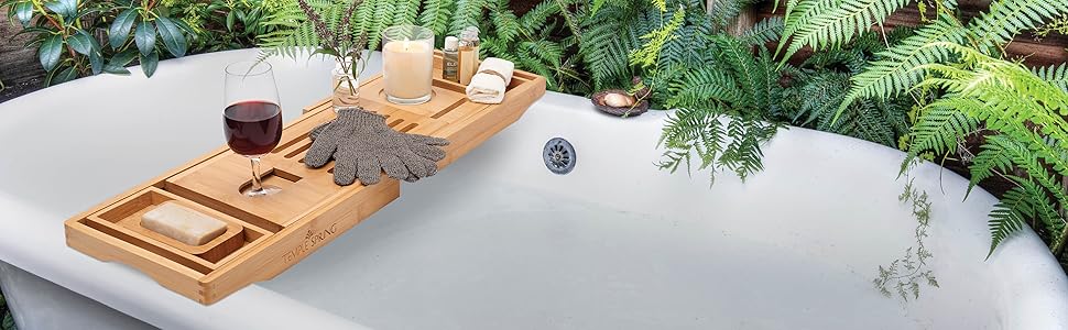 Підставка для ванни Temple Spring з дерева, бамбукова, для аксесуарів у ванну, піднос для ванни, меблі для ванної кімнати - Шкіряний ефект (натуральне дерево)