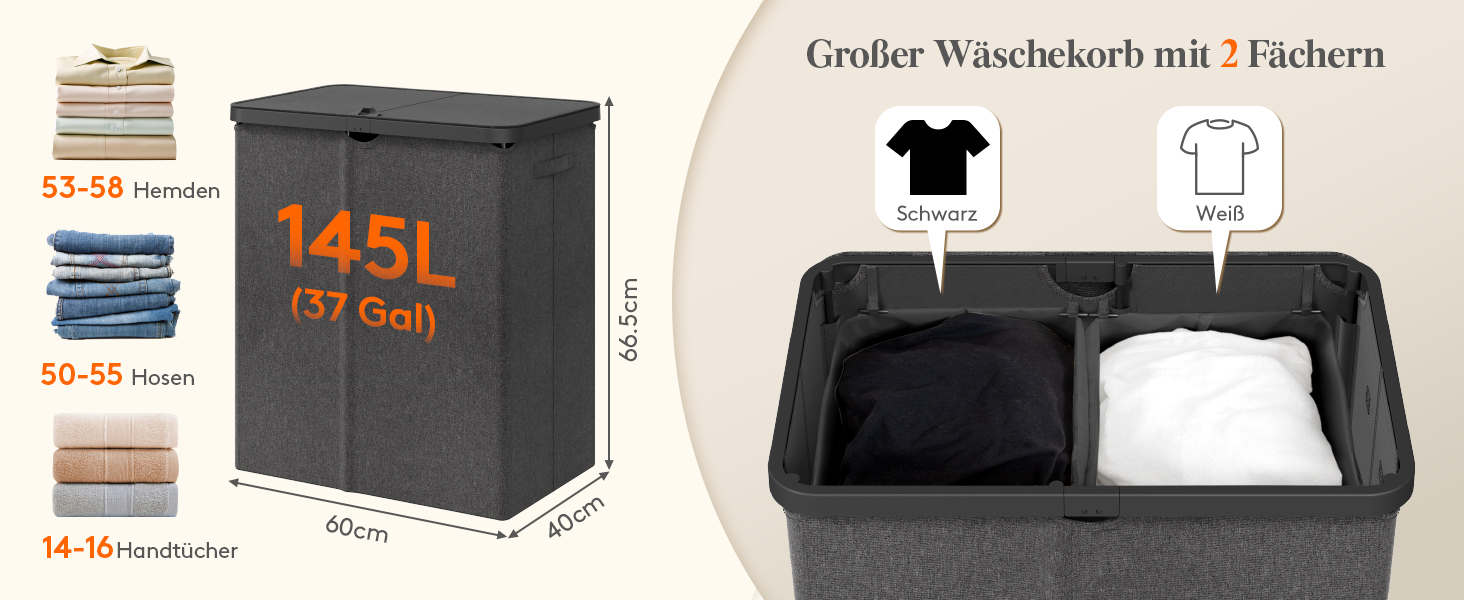 Кошик для білизни з кришкою Lifewit, великий кошик для білизни з пластиковим каркасом, складний, 145л, темно-сірий