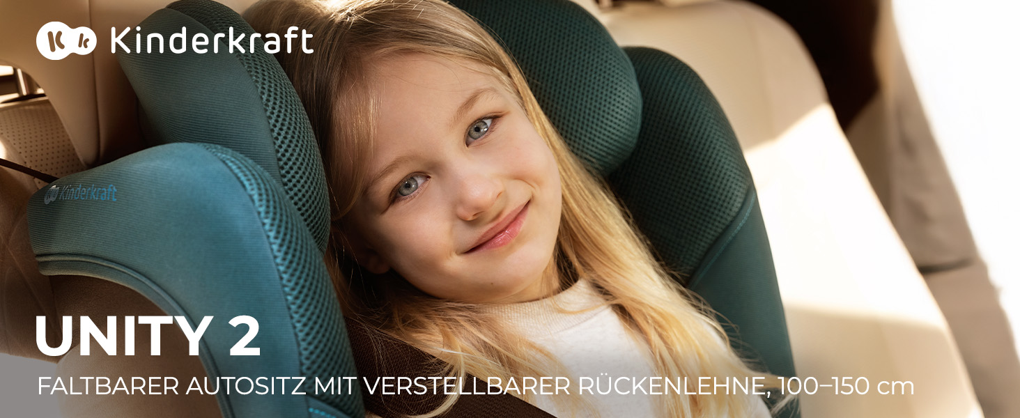Автокрісло Kinderkraft UNITY 2 i-Size, 100-150 см, 3,5-12 років, регульована підголовник, AIR FLOW, 5 положень спинки, зелений