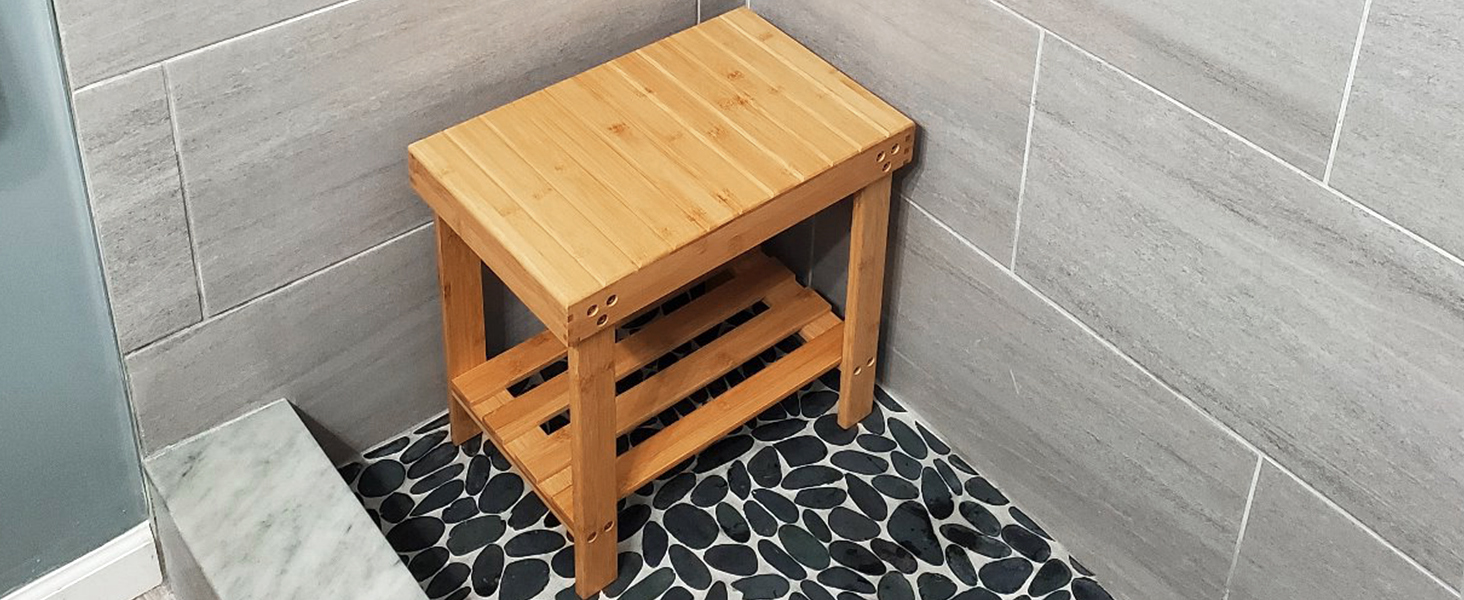 Банкетка для ванної кімнати VaeFae з бамбука, табурет для душу з підставкою для ніг та полицею для аксесуарів, для душу, ванної, вітальні, спа-салону, саду