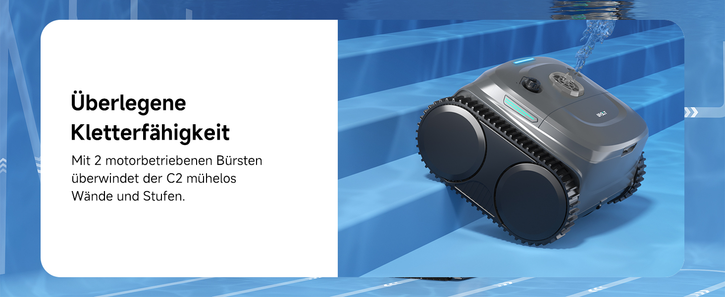 Робот-пилосос для басейну WYBOT C2: акумуляторний, для вбудованих басейнів до 150㎡, подвійне фільтрування, потужний двигун, чистка дна та стін, 180 хвилин роботи, керування через додаток (чорно-зелений-сірий)