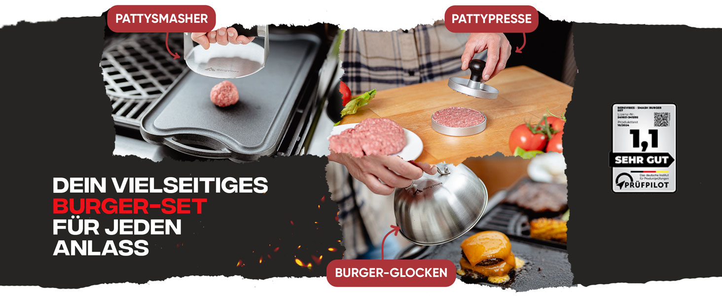 Набір для Smash Burger з нержавіючої сталі (6 предметів): 2 коптильні ковпаки, прес для бургерів, лопатка та щипці для гриля та планчі