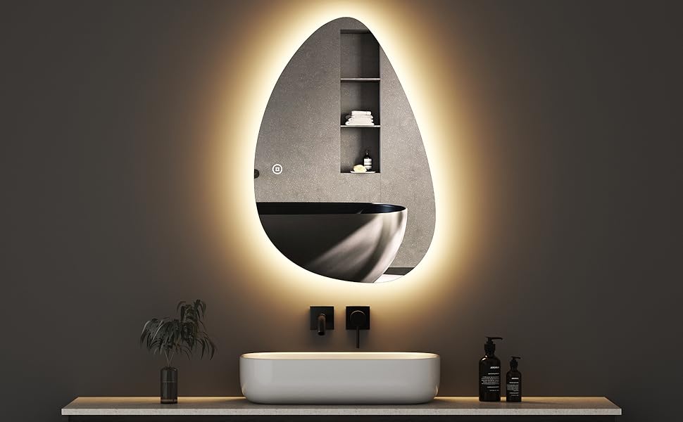 Асиметричне дзеркало для ванної кімнати Boromal з підсвічуванням 80x80 см, LED, сенсорний вимикач, 3 кольори, регулювання яскравості