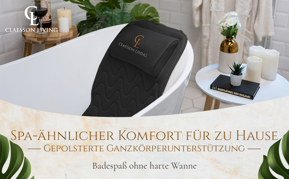 Подушка для ванни повного тіла 125x43 см - килимок для ванни з підголовником для підтримки шиї, спини та ніг - з мішком для прання та подорожей та гачком для швидкого сушіння - (Чорний)