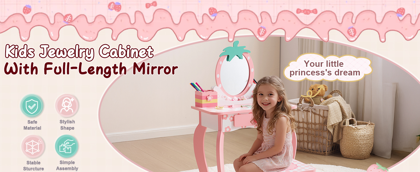 Дитячий туалетний столик LEADZM з пуфом для дівчаток, з шухлядою та двома 180° відкидними дзеркалами, для дітей 3-9 років (білий та рожевий)