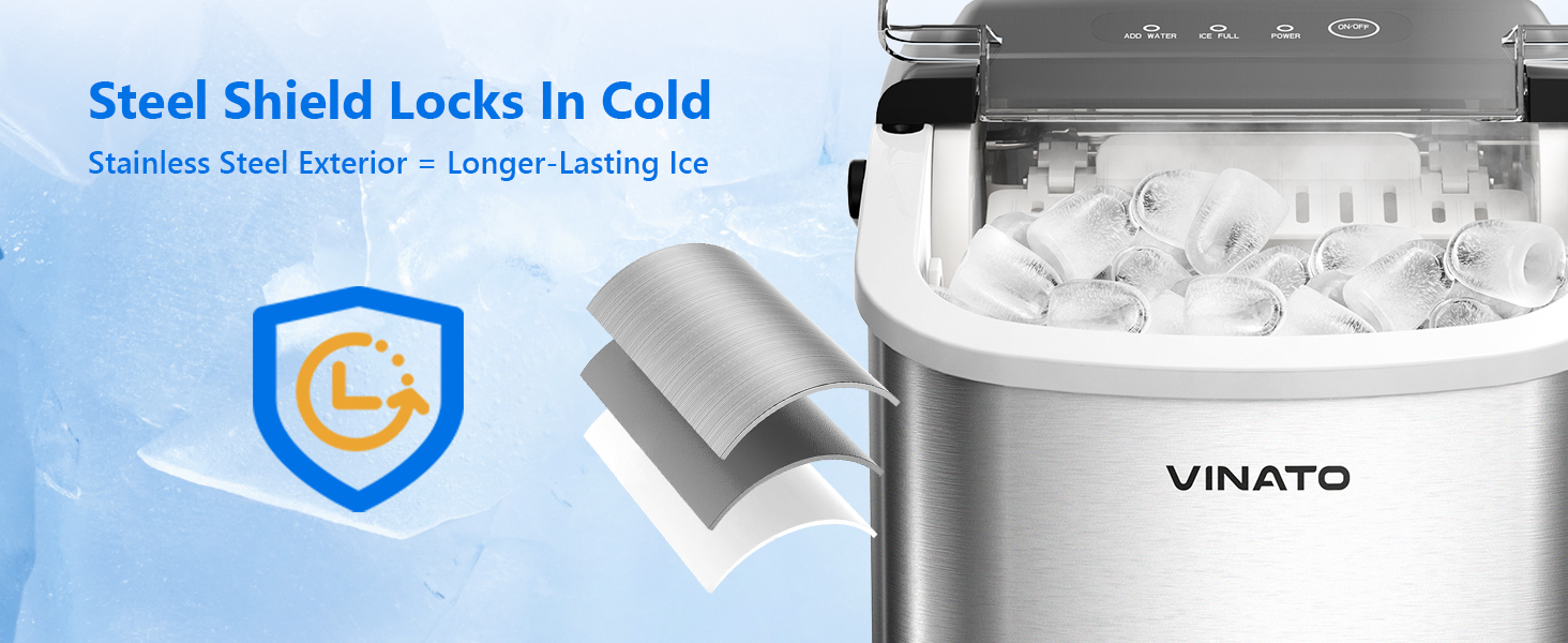 VINATO Льодогенератор портативний для дому та офісу, 12 кг/24 год, срібний. Швидке виробництво льоду (6-8 хв), з лопаткою та кошиком.