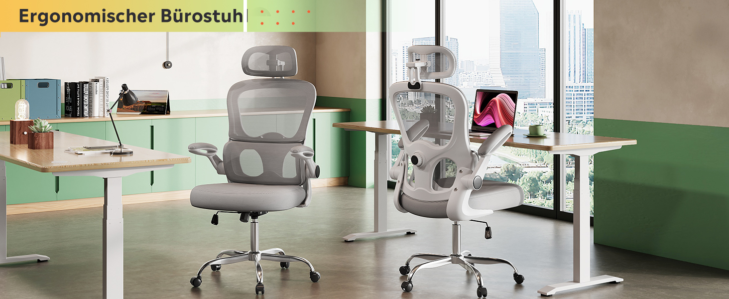 Офісне крісло Devaise Ergonomічне, з підтримкою попереку, 3D-підголівник, регульовані підлокітники, дихаюча сітка спинки, функція гойдання, для офісу та дому, до 150 кг, сірого кольору