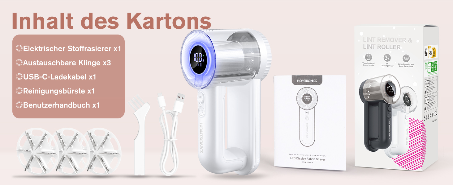 Електричний видальник ворсу Homtronics з USB-зарядкою, LED-дисплеєм та 6-кліновою головкою для одягу, диванів та килимів (білий)