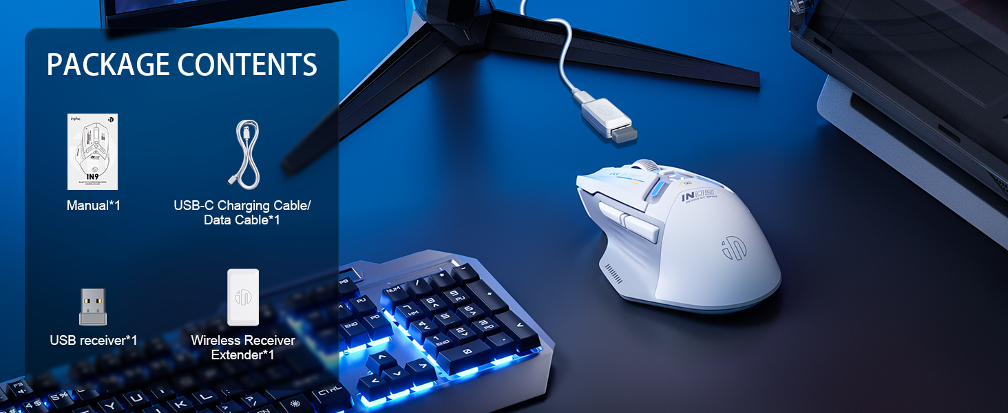 Ігрова миша inphic IN9 бездротова Tri-Mode (2.4G/Bluetooth/Type-C), 10000 DPI, RGB-підсвітка, програмована, акумуляторна, сіро-біла