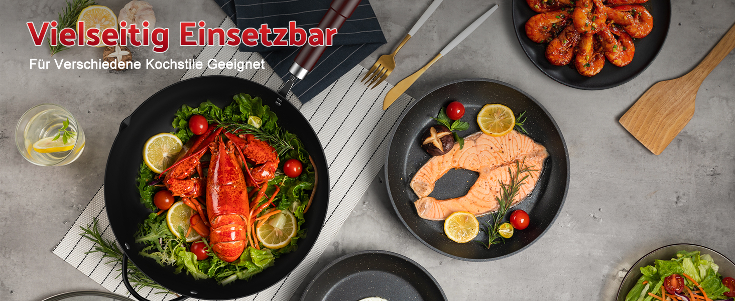 Вок Jobin 32 см з вуглецевої сталі з кришкою, дерев'яним та сталевим ручками, для приготування азійських страв (3-5 осіб), сумісний з Induktion, електро та газовими плитами - Чорний