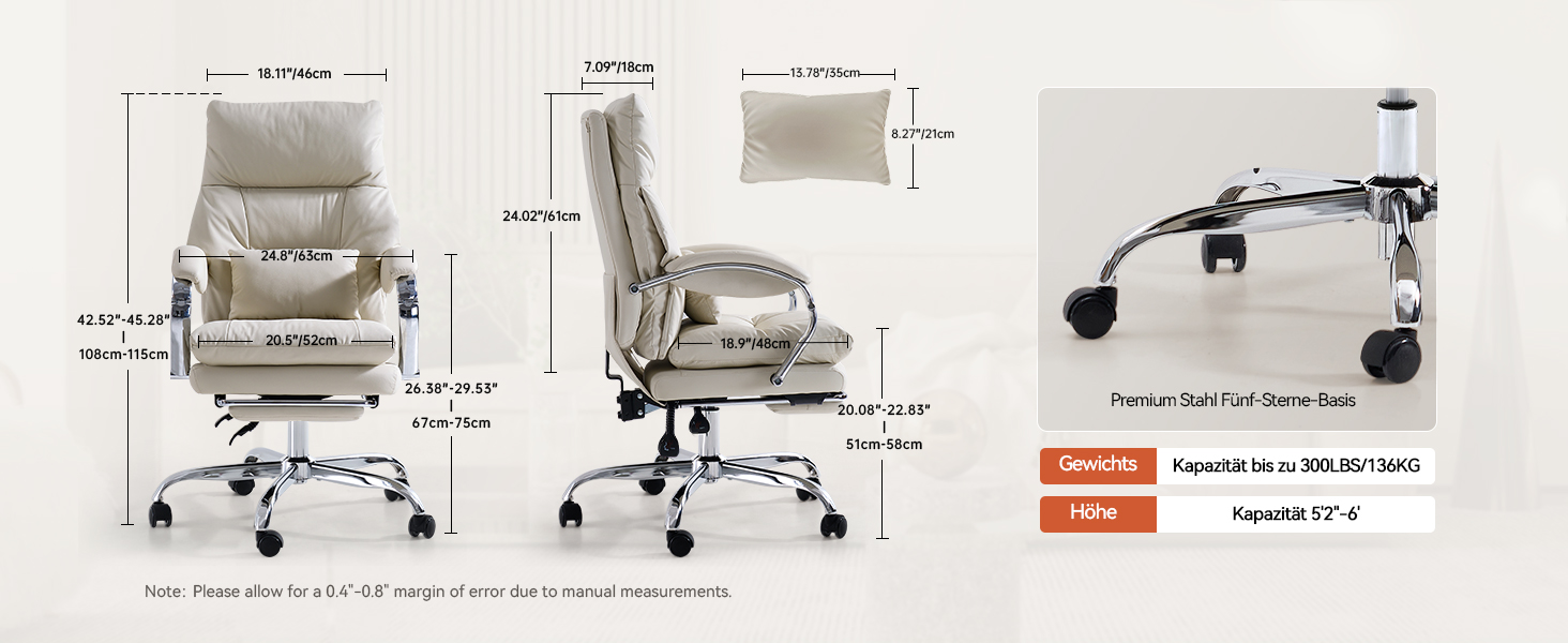 Офісний крісло EMIAH з підставкою для ніг, комфортний крісло для роботи з підлокітниками, ергономічний крісло для начальника з PU шкіри та роликами, ігровий комп'ютерний стілець з потовщеним сидінням, без функції масажу (Бежевий)