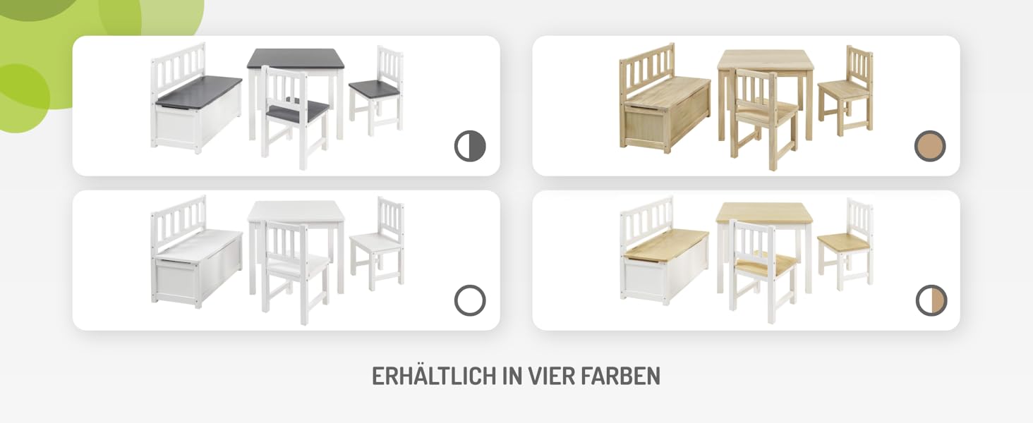 Дитячий меблевий набір Bomi Anna: стіл, 2 стільці та лавка-сховище | Меблі для дитячої кімнати з FSC сертифікованого дерева | Білий