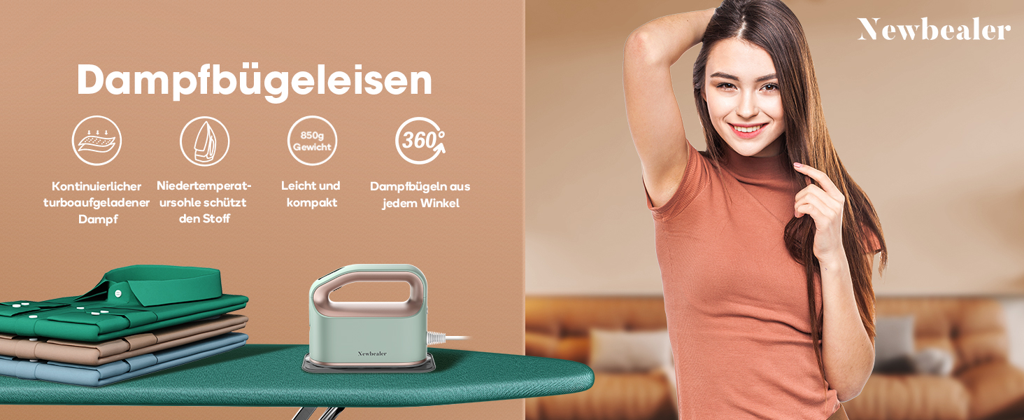 Праска з парою Newbealer 1200W: компактна, для подорожей, 3 режими, швидкий нагрів 45с, зелена