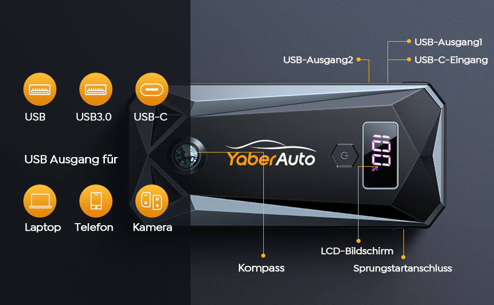 Портативний акумулятор YaberAuto для запуску двигуна з LED-ліхтариком, 4500A, 21800mAh (YA50 3000A) - для бензинових та дизельних двигунів