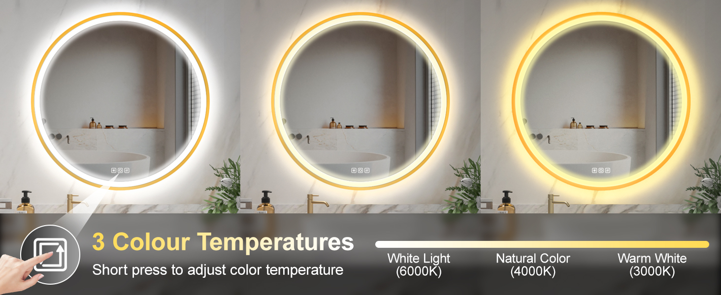 Дзеркало для ванної кімнати Furduzz з LED-підсвічуванням, 700 мм, сенсорне керування, диммування, 3 кольори, протизапотівання, пам'ять, золота рамка (60x60 см)