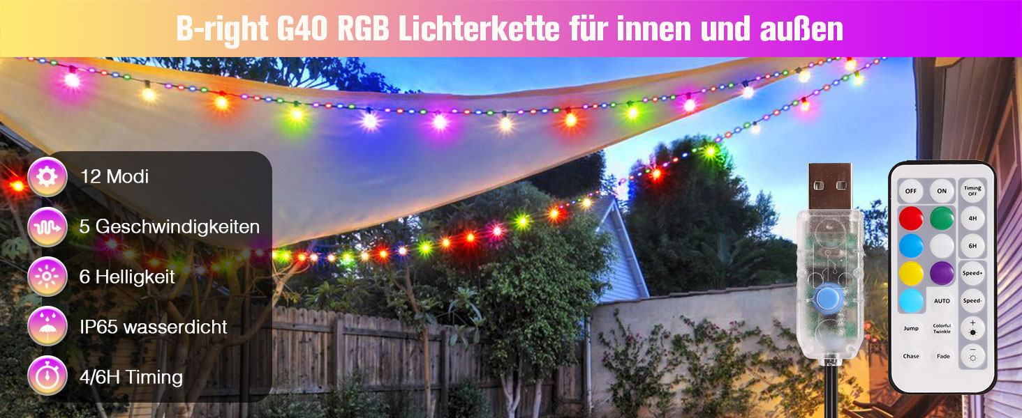 LED гірлянда B-right 12.5м RGB з пультом, IP65, 20 G40 лампочки для декору приміщень та вулиці, на Різдво, Хелловін, балкон, дитячу кімнату, сад