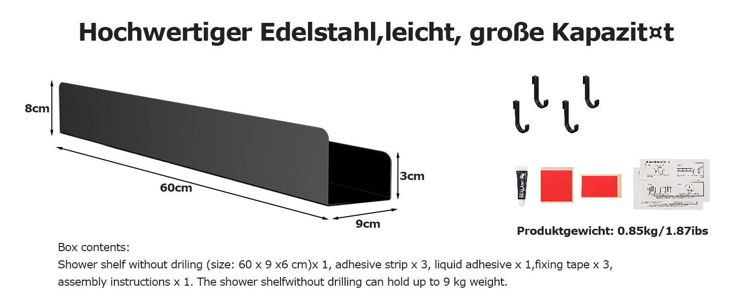 Поличка для душу Rekita без свердління, органайзер для ванної кімнати 40/60 см, нержавіюча сталь, 4 знімні гачки, тримач для шампуню, навісна поличка, полиця для ванної (Чорний)
