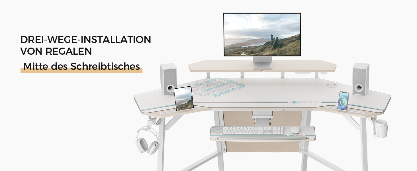 Ігровий стіл EUREKA ERGONOMIC 160x74 см з крилами, для ПК, з 2 відсіками для iPad, для дому, офісу, стрімінгу, білий акорн