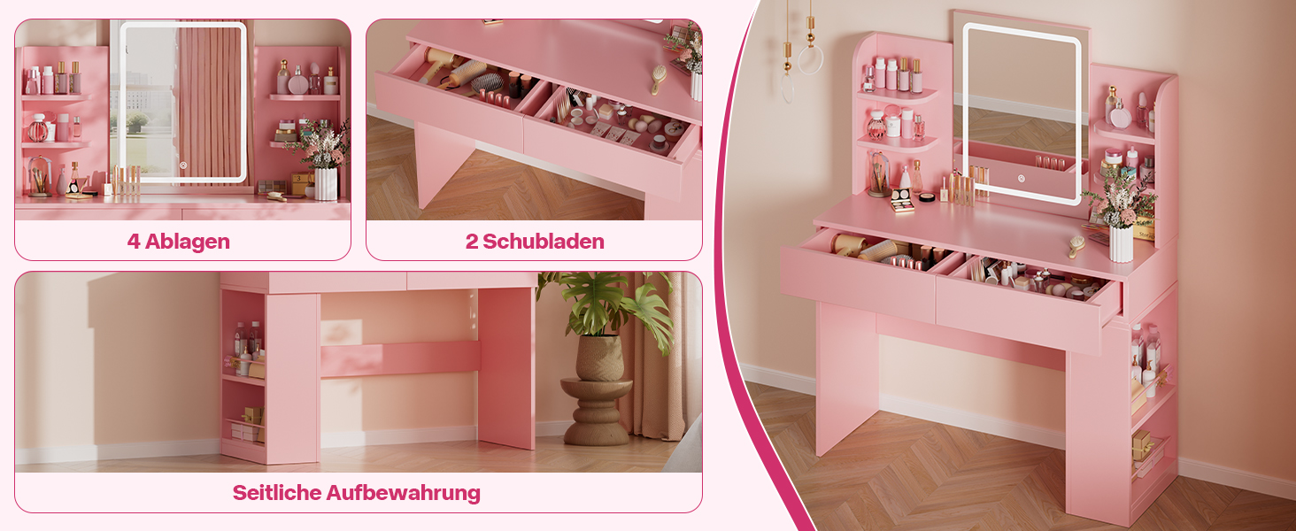 Трюмо Airfish з підсвічуванням 108x40 см: туалетний столик з дзеркалом, полицями, 2 шухлядами, регульоване освітлення, для спальні/вітальні (білий/рожевий)