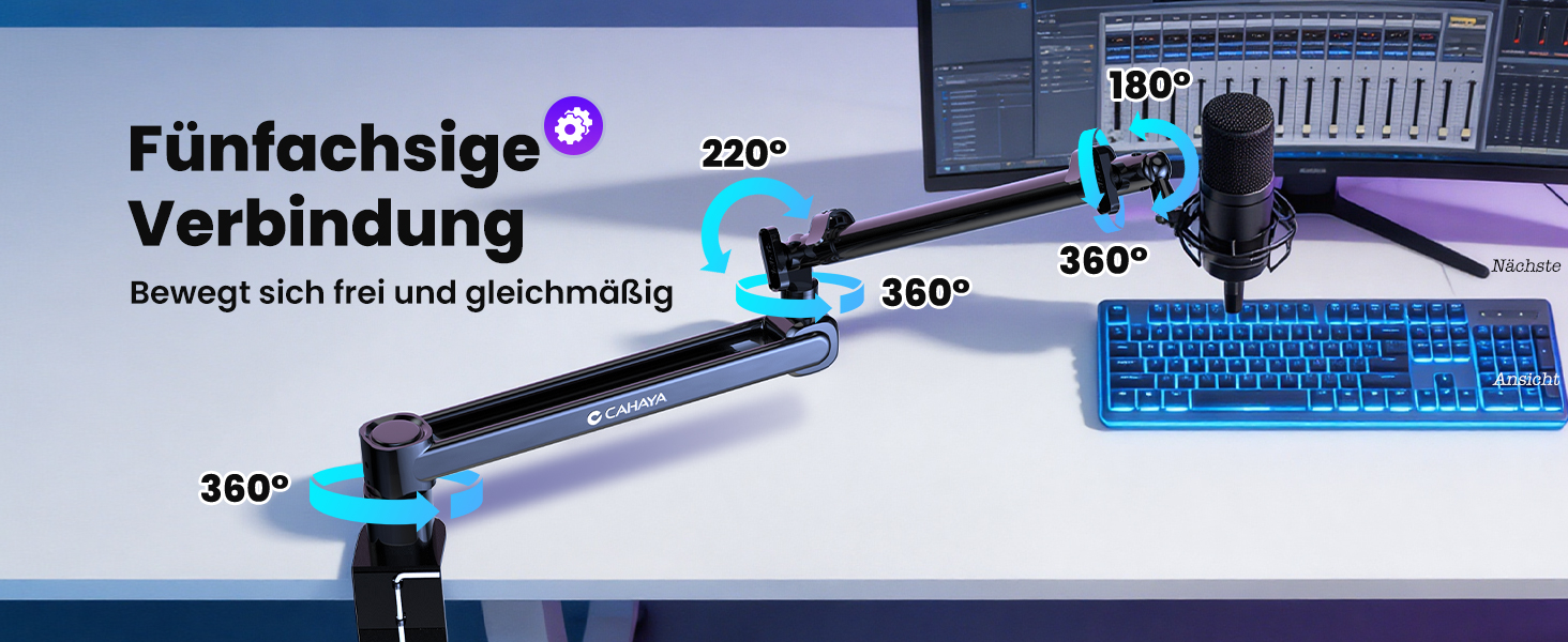 CAHAYA Мікрофонний стійкий кронштейн Boom Arm Professional: Регульований мікрофонний кронштейн з подовжувачем, дизайн під монітор для стрімінгу та запису, вантажопідйомність до 2.5 кг