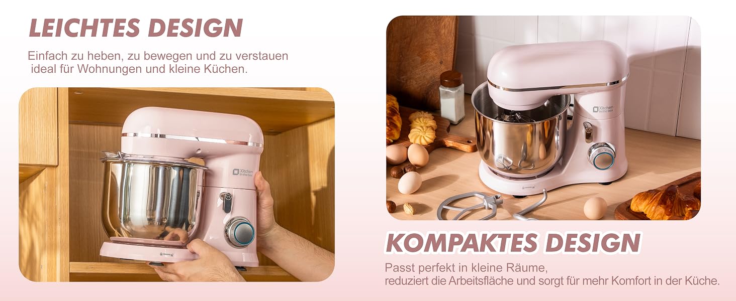 Кухонний комбайн Kitchen in the box Kompakte — планетарний міксер та тістоміс 3.5 л, 10 швидкостей, набір насадок (гак, вінчик, міксер), рожевий