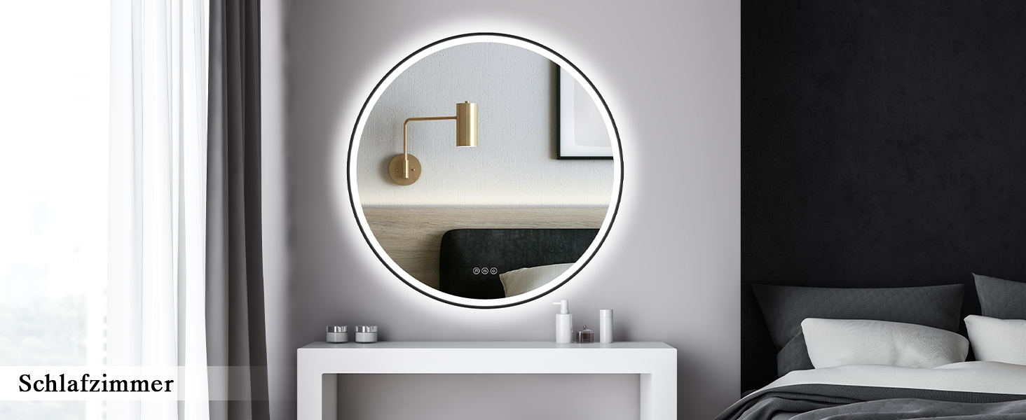 Дзеркало для ванної кімнати з підсвічуванням LED, кругле, 50 см, сенсорне керування, регулювання яскравості, функція пам'яті, захисне скло HD, захист від вибуху, Bluetooth, антизапар, металевий каркас, 60x60 см