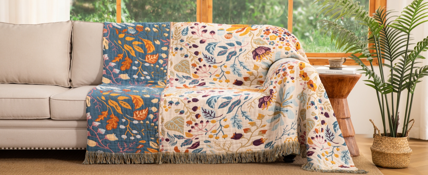 Преміум бавовняна покривало-плед Boho з мусліну 200x230 см, двостороння диванна ковдра з принтом метелики, дихаюча та м'яка для вітальні та спальні