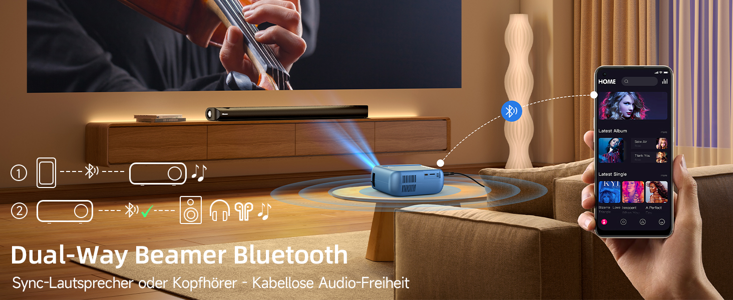 Mini Beamer Bluetooth WiFi: Портативний проєктор 1080P для телефону iPhone/Android, домашній/зовнішній, сумісний з USB/HDMI/Fire Stick/PS5