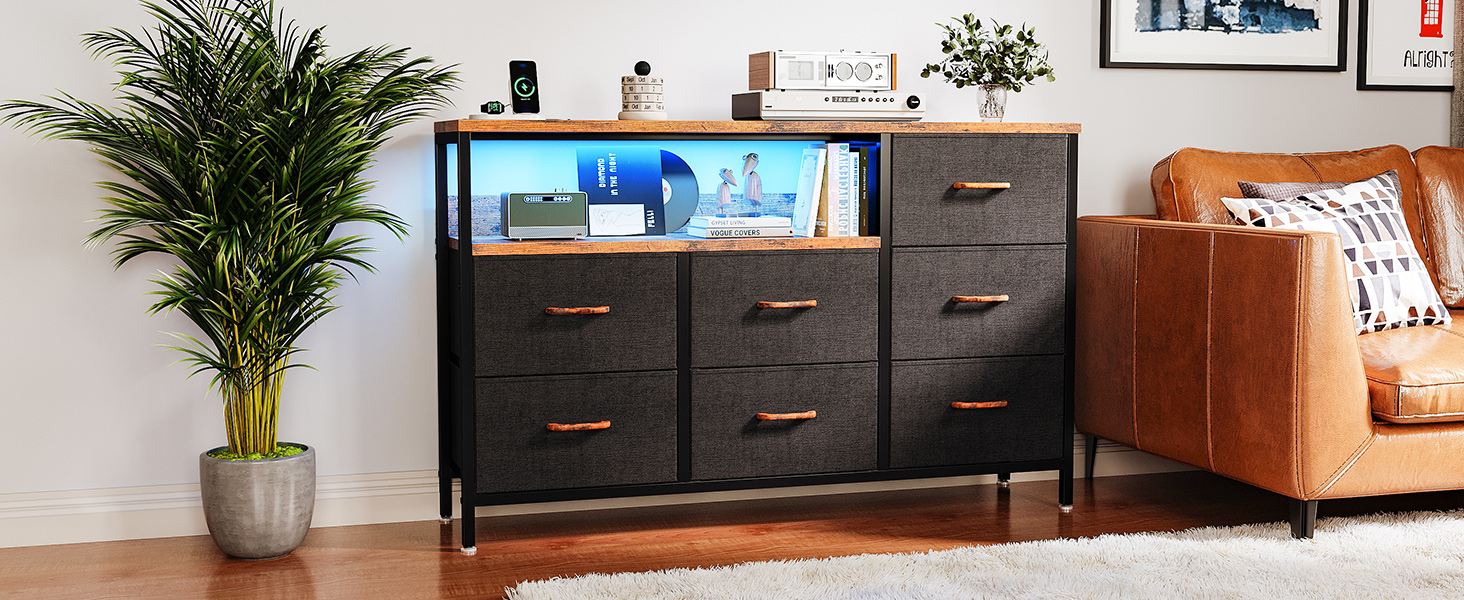 Комод Coleshome з висувними ящиками, LED-підсвічуванням, 2 USB-портами та розетками, 7 тканинних ящики, 132*30*89 см (Ретро колір)