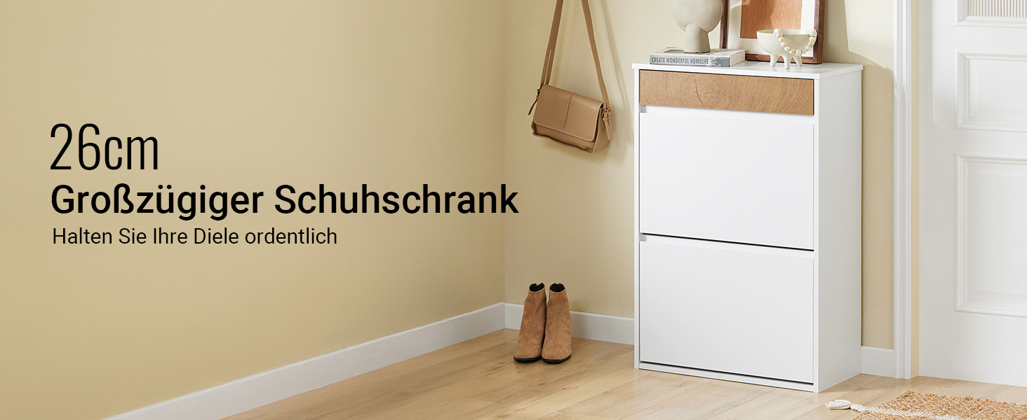 SoBuy Взуттєва шафа з 2 відкидними дверцятами, полиці та ящик, білий, 61x100x26 см, FSR165-W