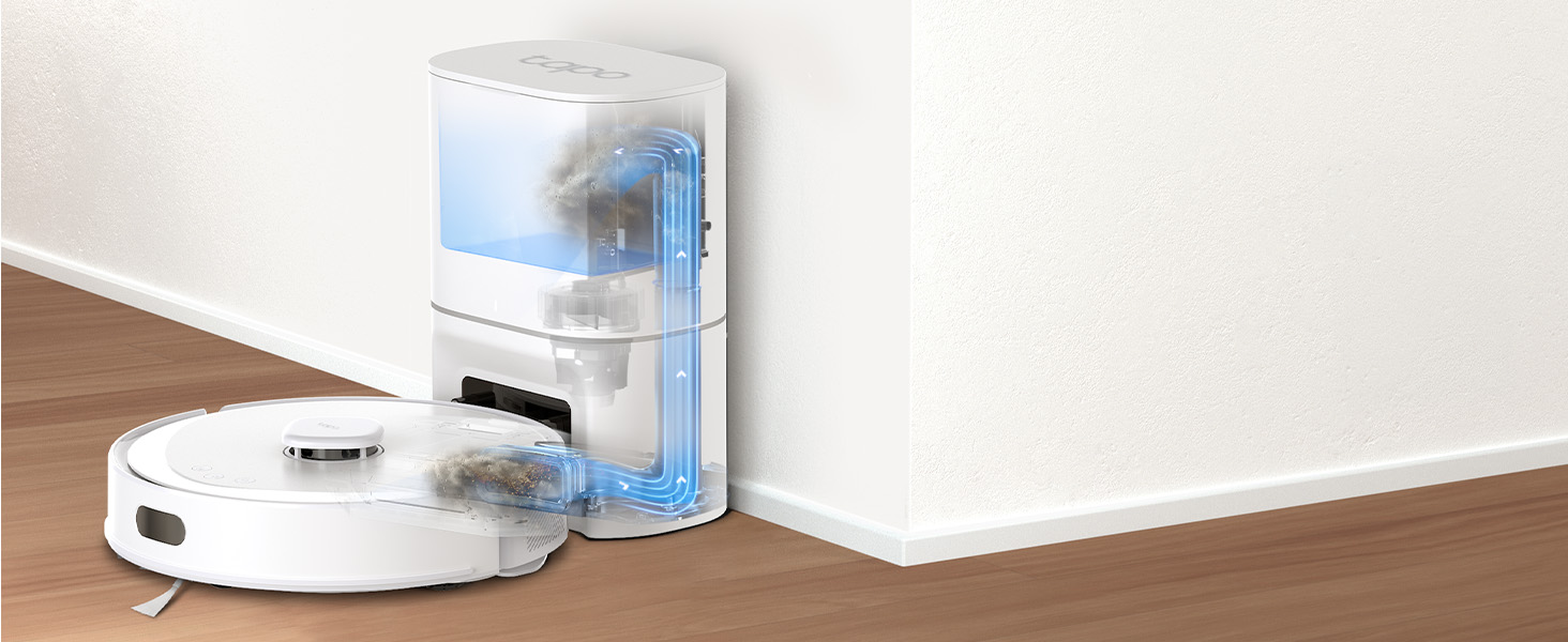 Робот-пилосос Tapo RV30 Max Plus з функцією миття та автоматичною станцією самостійного очищення, 5300Pa, LiDAR+IMU, голосове керування Alexa & Google Assistant, білий